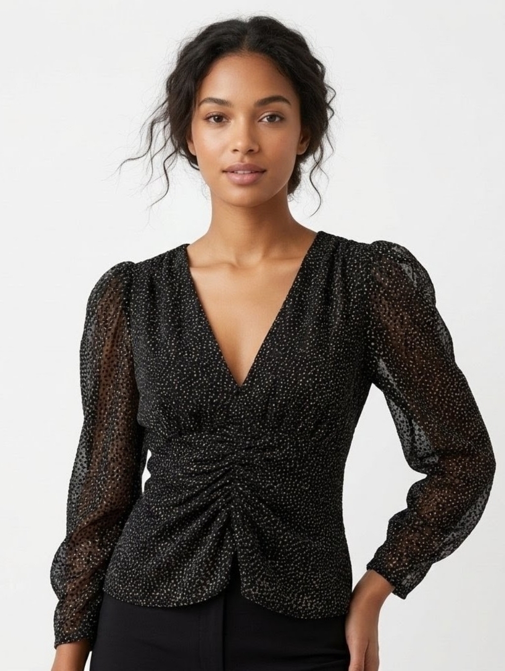 ASTR the Label Black Velvet Dot Florence Princess Sleeve Top - XS
